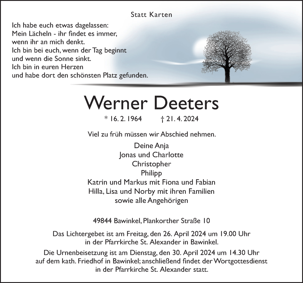  Traueranzeige für Werner Deeters vom 24.04.2024 aus Neue Osnabrücker Zeitung GmbH & Co. KG