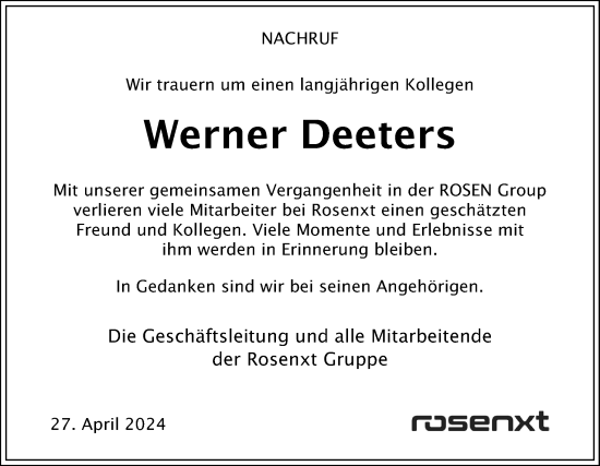 Traueranzeige von Werner Deeters von Neue Osnabrücker Zeitung GmbH & Co. KG
