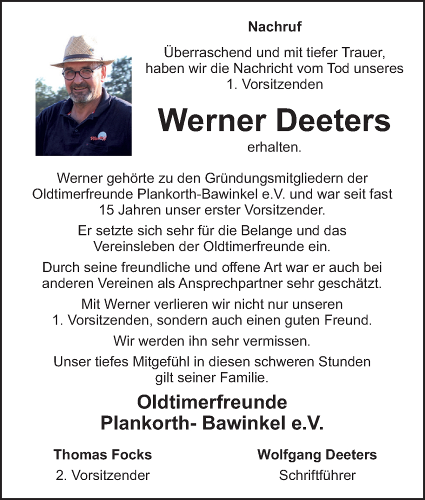  Traueranzeige für Werner Deeters vom 27.04.2024 aus Neue Osnabrücker Zeitung GmbH & Co. KG