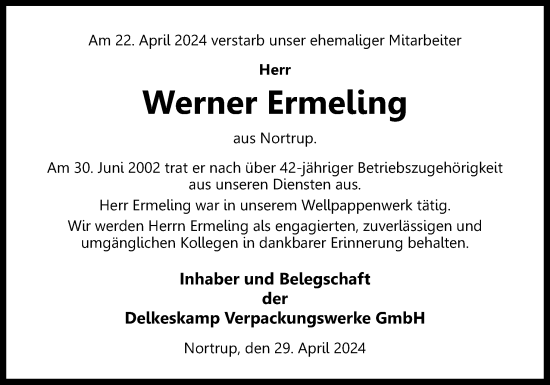 Traueranzeige von Werner Ermeling von Neue Osnabrücker Zeitung GmbH & Co. KG