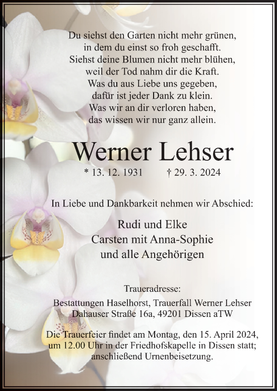 Traueranzeige von Werner Lehser von Neue Osnabrücker Zeitung GmbH & Co. KG
