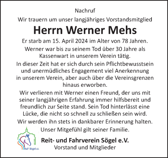 Traueranzeige von Werner Mehs von Neue Osnabrücker Zeitung GmbH & Co. KG