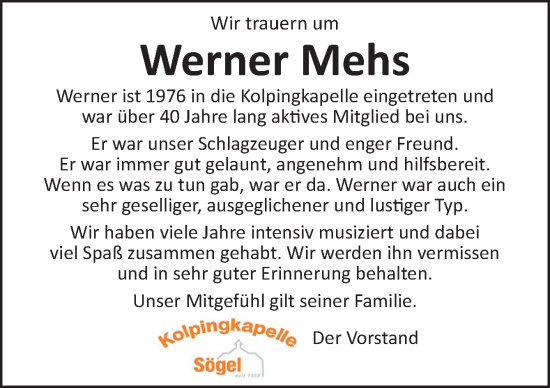 Traueranzeige von Werner Mehs von Neue Osnabrücker Zeitung GmbH & Co. KG