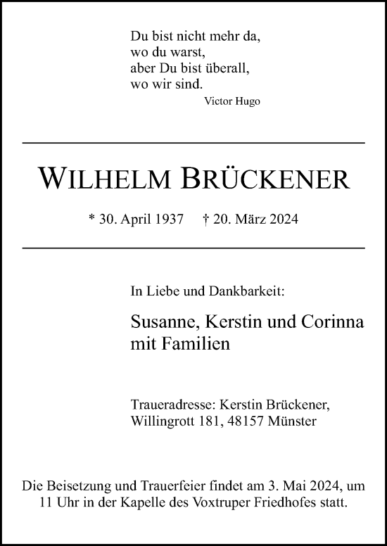 Traueranzeige von Wilhelm Brückener von Neue Osnabrücker Zeitung GmbH & Co. KG