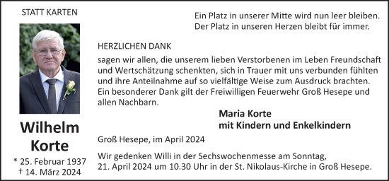 Traueranzeige von Wilhelm Korte von Neue Osnabrücker Zeitung GmbH & Co. KG