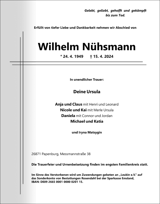 Traueranzeige von Wilhelm Nühsmann von Neue Osnabrücker Zeitung GmbH & Co. KG