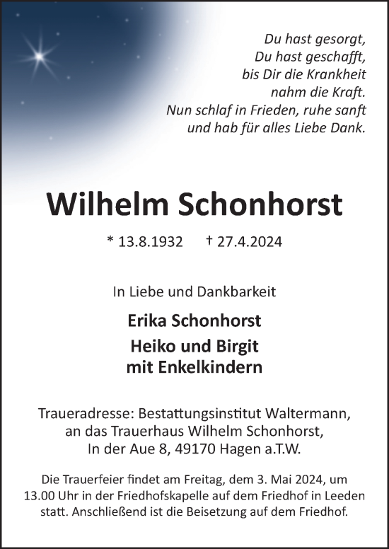 Traueranzeige von Wilhelm Schonhorst von Neue Osnabrücker Zeitung GmbH & Co. KG