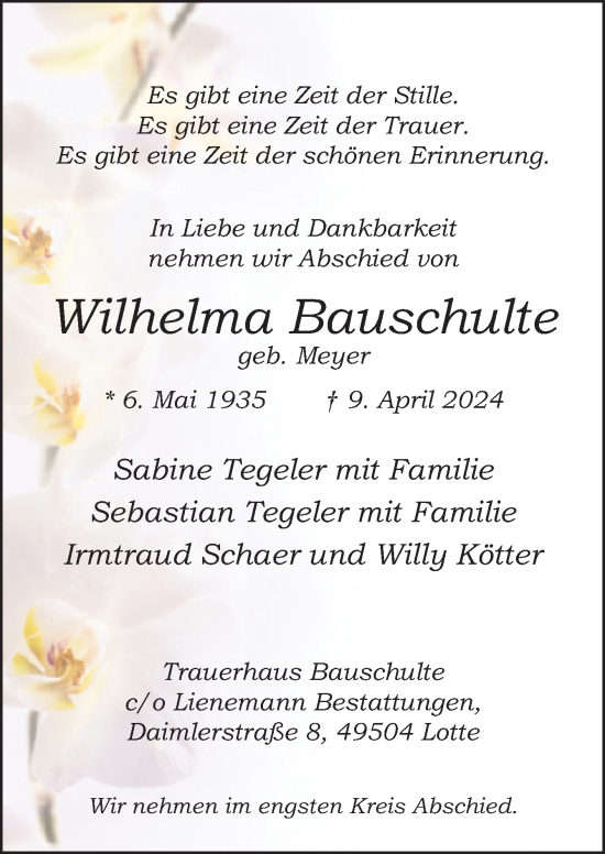 Traueranzeige von Wilhelma Bauschulte von Neue Osnabrücker Zeitung GmbH & Co. KG