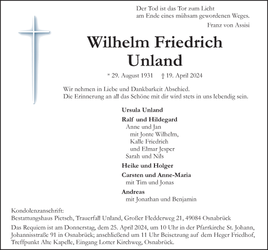 Traueranzeige von Wilhelm Friedrich Unland von Neue Osnabrücker Zeitung GmbH & Co. KG