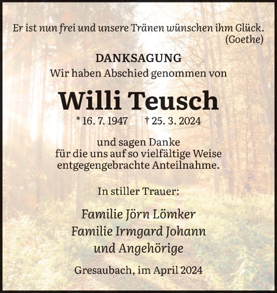 Traueranzeige von Willi Teusch von Neue Osnabrücker Zeitung GmbH & Co. KG