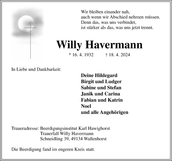 Traueranzeige von Willy Havermann von Neue Osnabrücker Zeitung GmbH & Co. KG