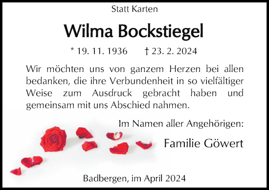 Traueranzeige von Wilma Bockstiegel von Neue Osnabrücker Zeitung GmbH & Co. KG