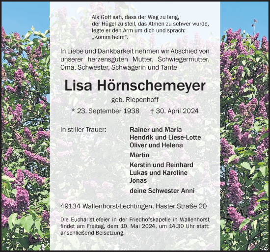 Traueranzeige von Lisa Hörnschemeyer von Neue Osnabrücker Zeitung GmbH & Co. KG
