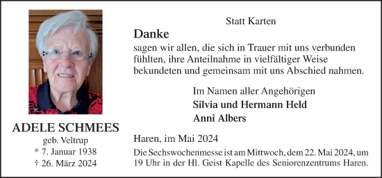 Traueranzeige von Adele Schmees von Neue Osnabrücker Zeitung GmbH & Co. KG