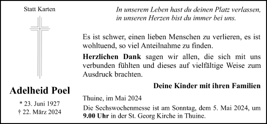 Traueranzeige von Adelheid Poel von Neue Osnabrücker Zeitung GmbH & Co. KG