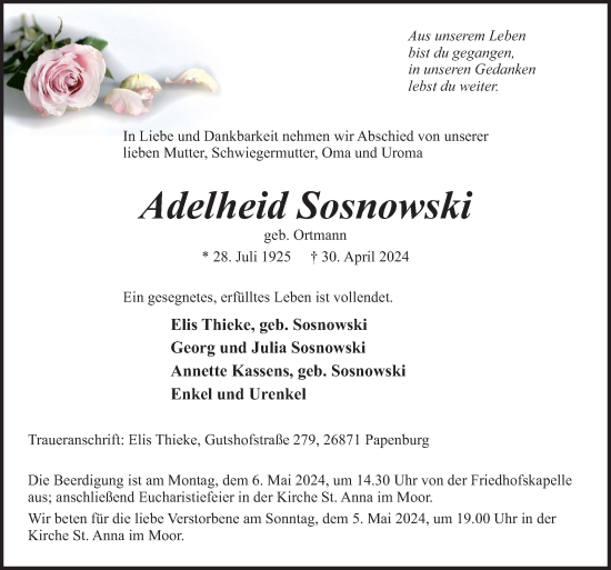 Traueranzeige von Adelheid Sosnowski von Neue Osnabrücker Zeitung GmbH & Co. KG