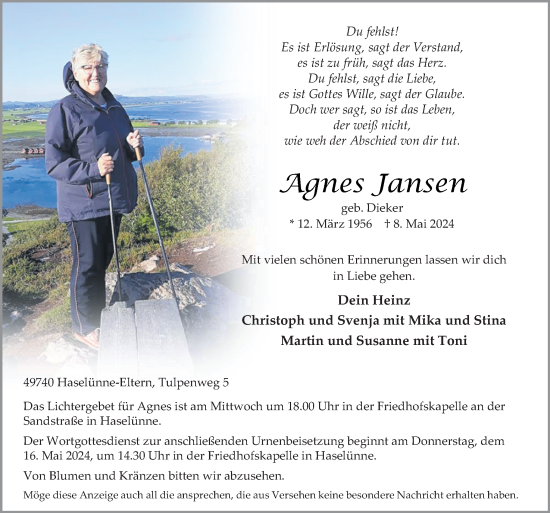 Traueranzeige von Agnes Jansen von Neue Osnabrücker Zeitung GmbH & Co. KG