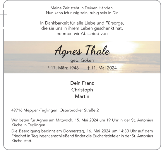 Traueranzeige von Agnes Thale von Neue Osnabrücker Zeitung GmbH & Co. KG