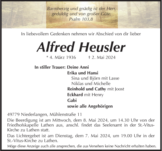 Traueranzeige von Alfred Heusler von Neue Osnabrücker Zeitung GmbH & Co. KG