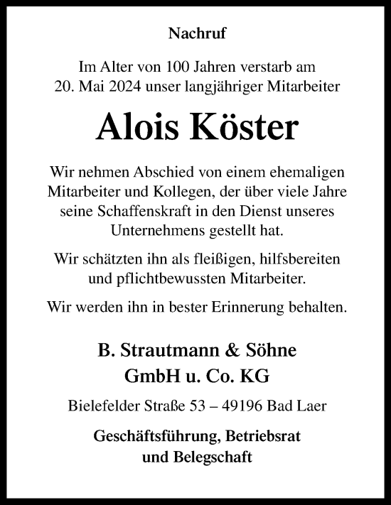 Traueranzeige von Alois Köster von Neue Osnabrücker Zeitung GmbH & Co. KG