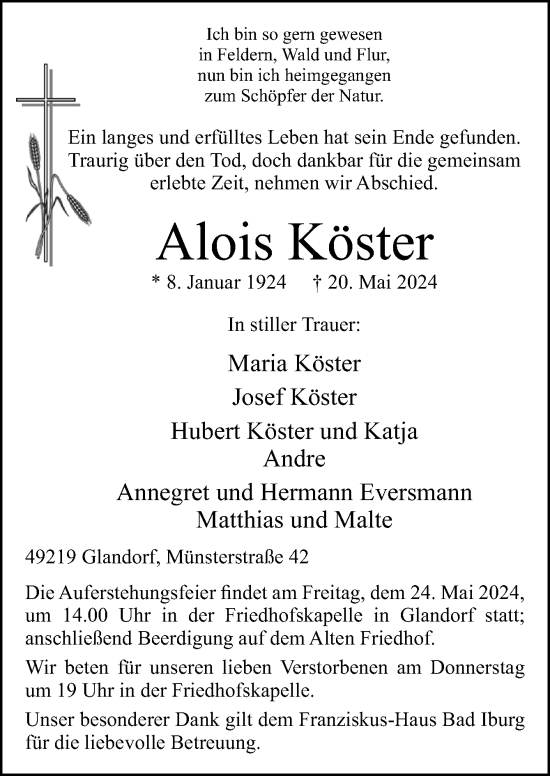 Traueranzeige von Alois Köster von Neue Osnabrücker Zeitung GmbH & Co. KG