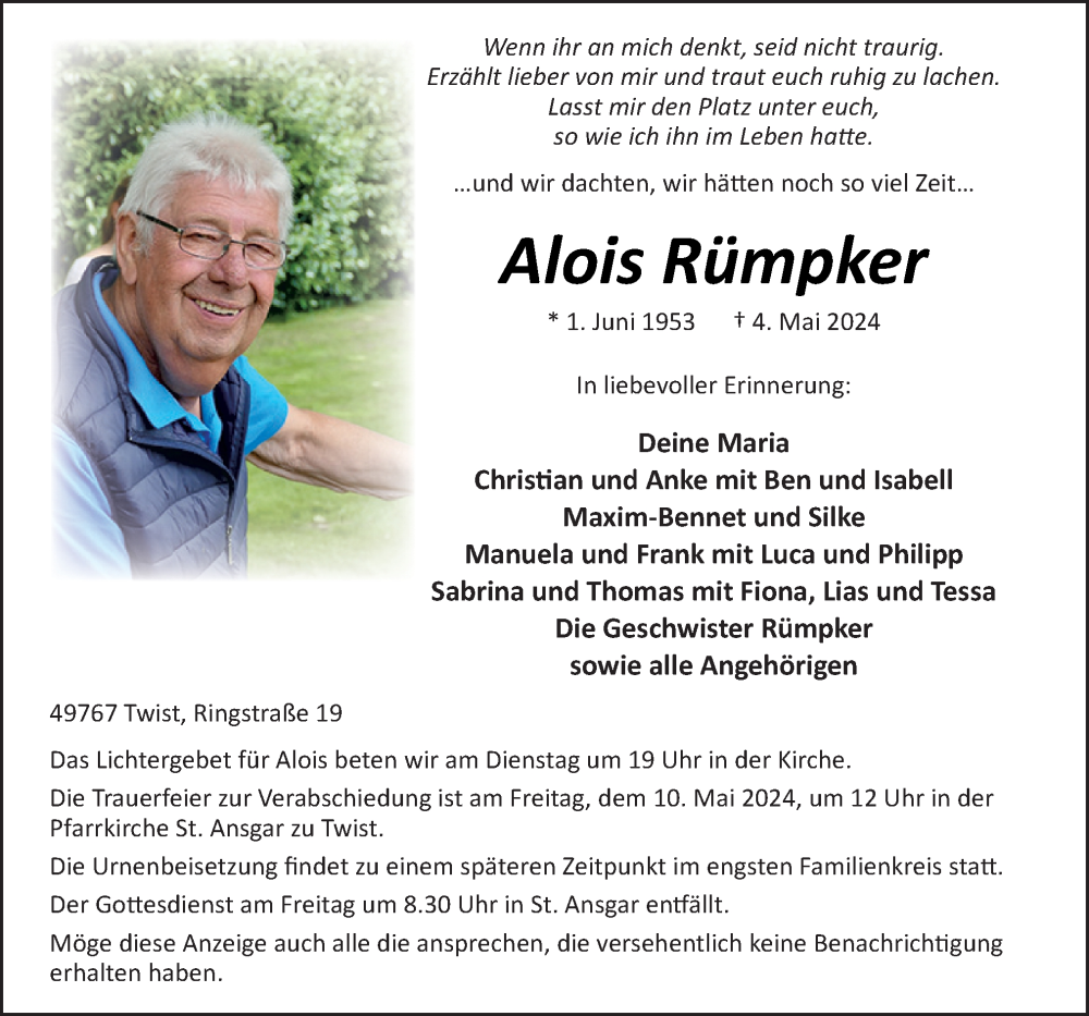  Traueranzeige für Alois Rümpker vom 06.05.2024 aus Neue Osnabrücker Zeitung GmbH & Co. KG
