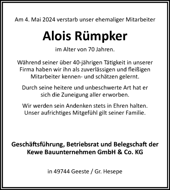 Traueranzeige von Alois Rümpker von Neue Osnabrücker Zeitung GmbH & Co. KG