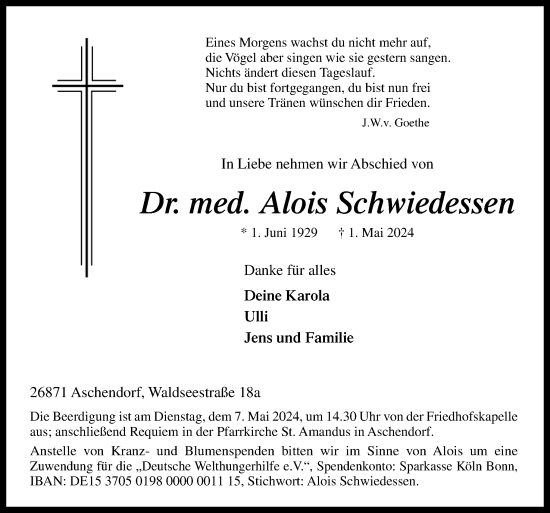 Traueranzeige von Alois Schwiedessen von Neue Osnabrücker Zeitung GmbH & Co. KG