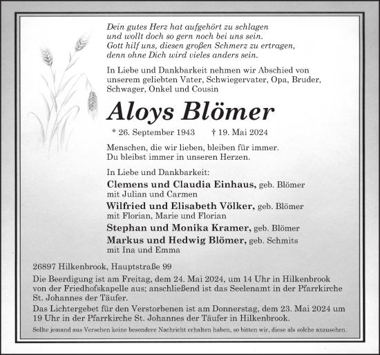 Traueranzeige von Aloys Blömer von Neue Osnabrücker Zeitung GmbH & Co. KG