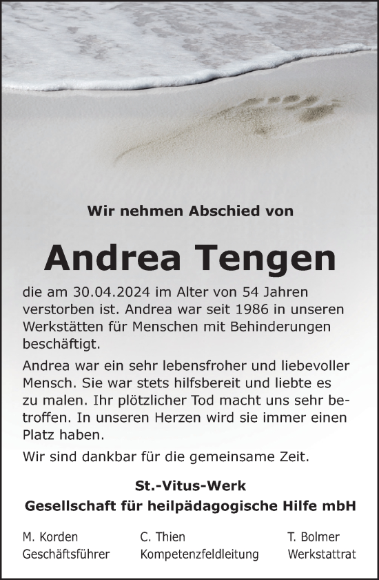 Traueranzeige von Andrea Tengen von Neue Osnabrücker Zeitung GmbH & Co. KG
