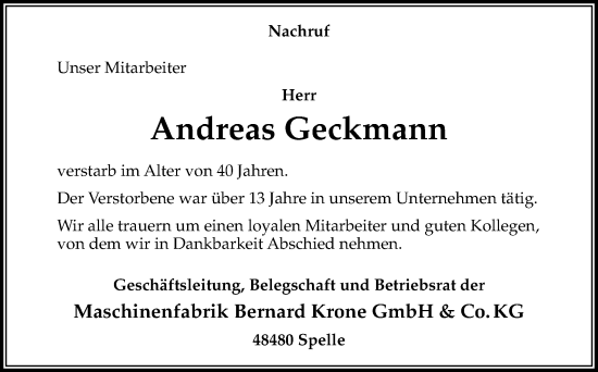 Traueranzeige von Andreas Geckmann von Neue Osnabrücker Zeitung GmbH & Co. KG