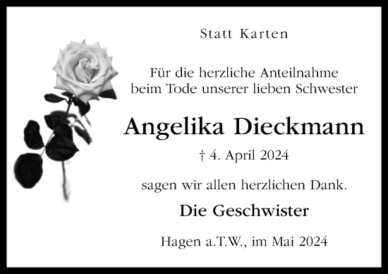 Traueranzeige von Angelika Dieckmann von Neue Osnabrücker Zeitung GmbH & Co. KG