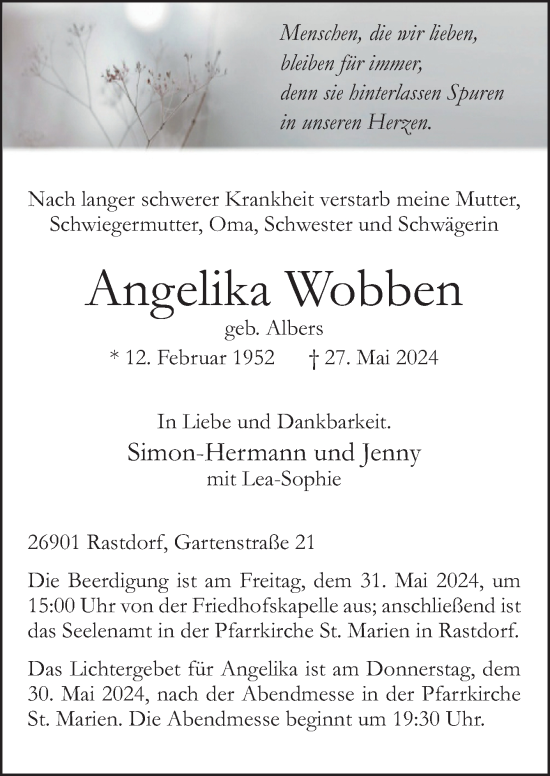 Traueranzeige von Angelika Wobben von Neue Osnabrücker Zeitung GmbH & Co. KG