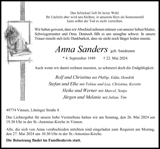 Traueranzeige von Anna Sanders von Neue Osnabrücker Zeitung GmbH & Co. KG