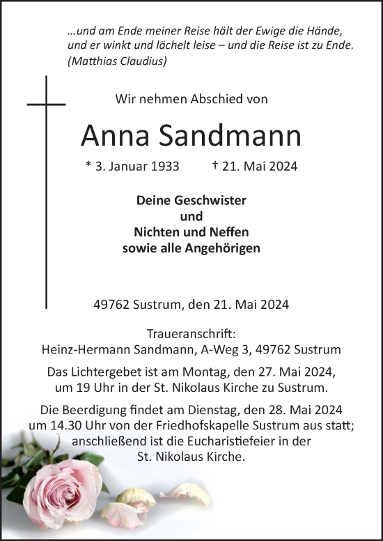 Traueranzeige von Anna Sandmann von Neue Osnabrücker Zeitung GmbH & Co. KG