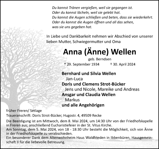 Traueranzeige von Anna Wellen von Neue Osnabrücker Zeitung GmbH & Co. KG