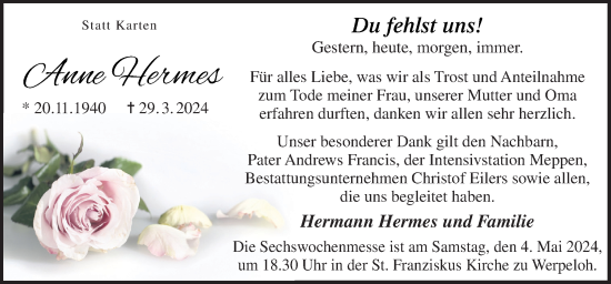 Traueranzeige von Anne Hermes von Neue Osnabrücker Zeitung GmbH & Co. KG