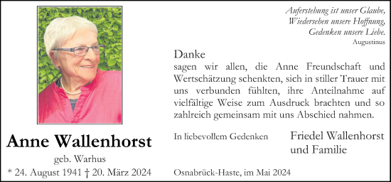 Traueranzeige von Anne Wallenhorst von Neue Osnabrücker Zeitung GmbH & Co. KG