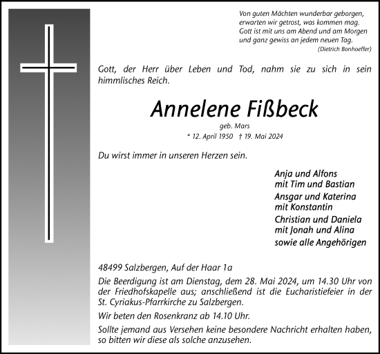 Traueranzeige von Annelene Fißbeck von Neue Osnabrücker Zeitung GmbH & Co. KG