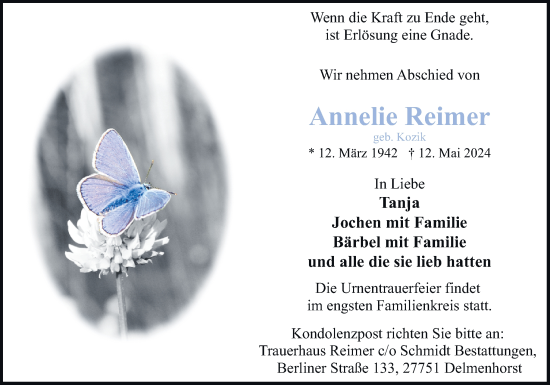 Traueranzeige von Annelie Reimer von DK Medien GmbH & Co. KG