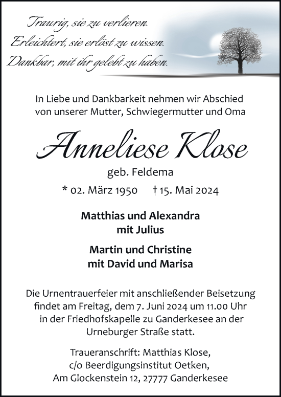 Traueranzeige von Anneliese Klose von DK Medien GmbH & Co. KG