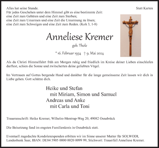 Traueranzeige von Anneliese Kremer von Neue Osnabrücker Zeitung GmbH & Co. KG