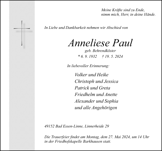 Traueranzeige von Anneliese Paul von Neue Osnabrücker Zeitung GmbH & Co. KG