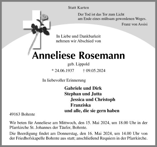 Traueranzeige von Anneliese Rosemann von Neue Osnabrücker Zeitung GmbH & Co. KG