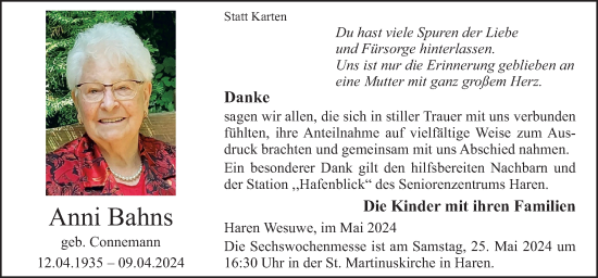 Traueranzeige von Anni Bahns von Neue Osnabrücker Zeitung GmbH & Co. KG