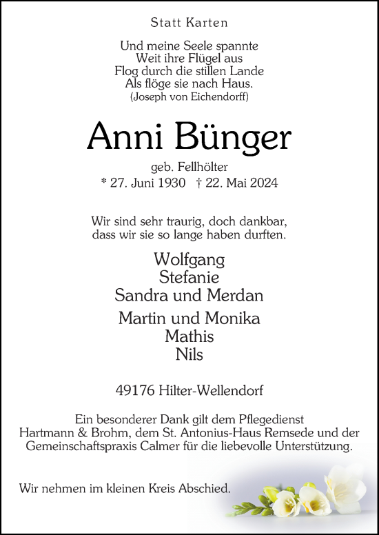 Traueranzeige von Anni Bünger von Neue Osnabrücker Zeitung GmbH & Co. KG
