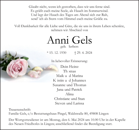 Traueranzeige von Anni Gels von Neue Osnabrücker Zeitung GmbH & Co. KG