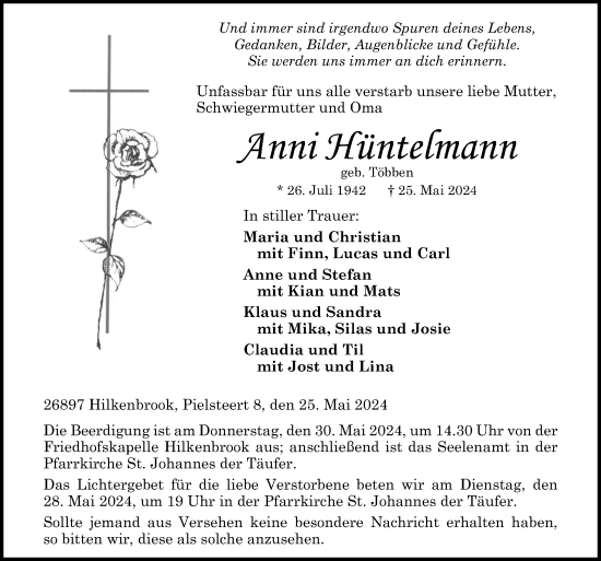 Traueranzeige von Anni Hüntelmann von Neue Osnabrücker Zeitung GmbH & Co. KG