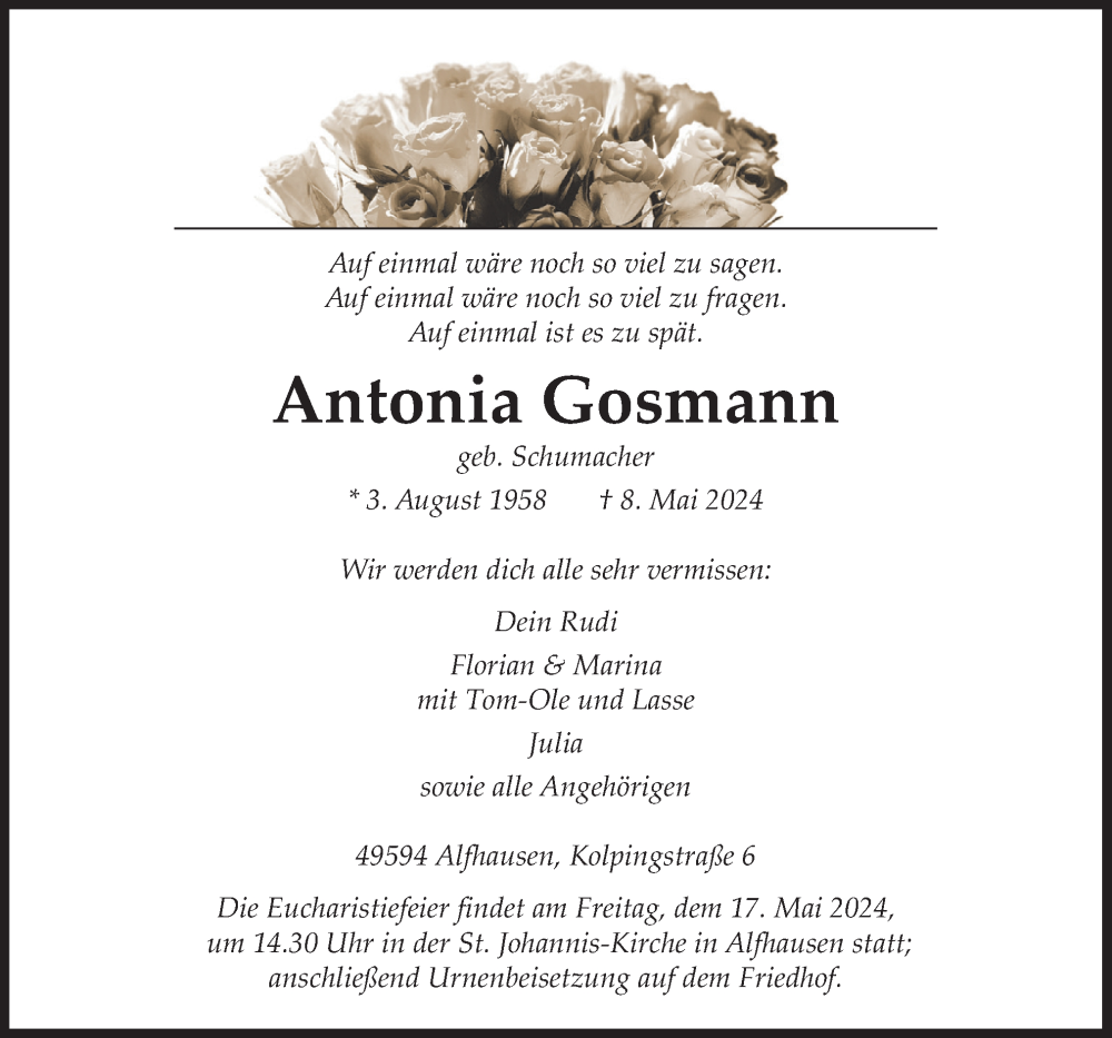  Traueranzeige für Antonia Gosmann vom 11.05.2024 aus Neue Osnabrücker Zeitung GmbH & Co. KG