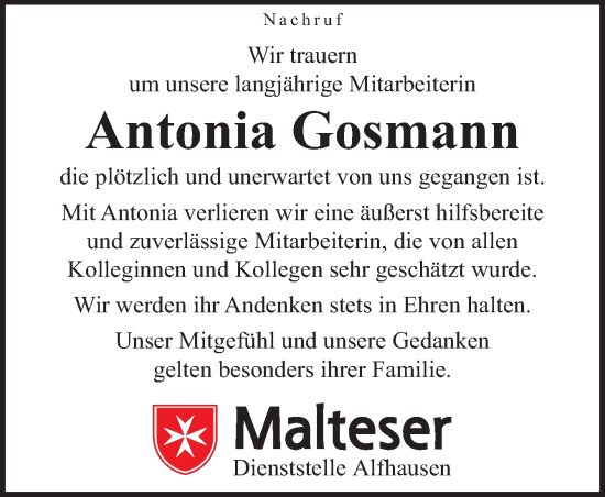 Traueranzeige von Antonia Gosmann von Neue Osnabrücker Zeitung GmbH & Co. KG
